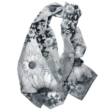 Load image into Gallery viewer, SPIRALING DAISIES, Chiffon Scarf in Black, White & Gray | Unveiled, Innocence & Understanding, - Leslie Montana