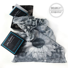 Load image into Gallery viewer, SPIRALING DAISIES, Chiffon Scarf in Black, White & Gray | Unveiled, Innocence & Understanding, - Leslie Montana