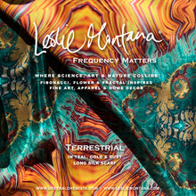 Load image into Gallery viewer, TERRESTRIAL in Teal, Gold, & Brick Red Silk Scarf | Sentient Being, Gaia - Leslie Montana