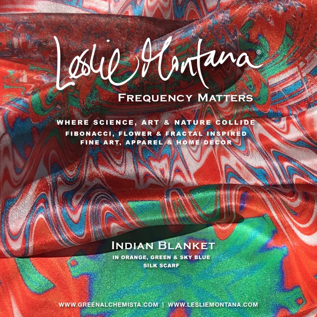 INDIAN BLANKET in Orange, Green & Sky Blue Silk Scarf - Leslie Montana