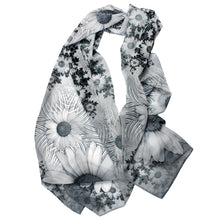 Load image into Gallery viewer, SPIRALING DAISIES, Chiffon Scarf in Black, White &amp; Gray | Unveiled, Innocence &amp; Understanding, - Leslie Montana
