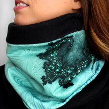 Load image into Gallery viewer, SWIRLIOUS Neck Warmer in Turquoise, Black  | Fibonacci Inspired Apparel | Winter Wear - Leslie Montana
