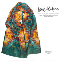 Load image into Gallery viewer, TERRESTRIAL in Teal, Gold, &amp; Brick Red Silk Scarf | Sentient Being, Gaia - Leslie Montana
