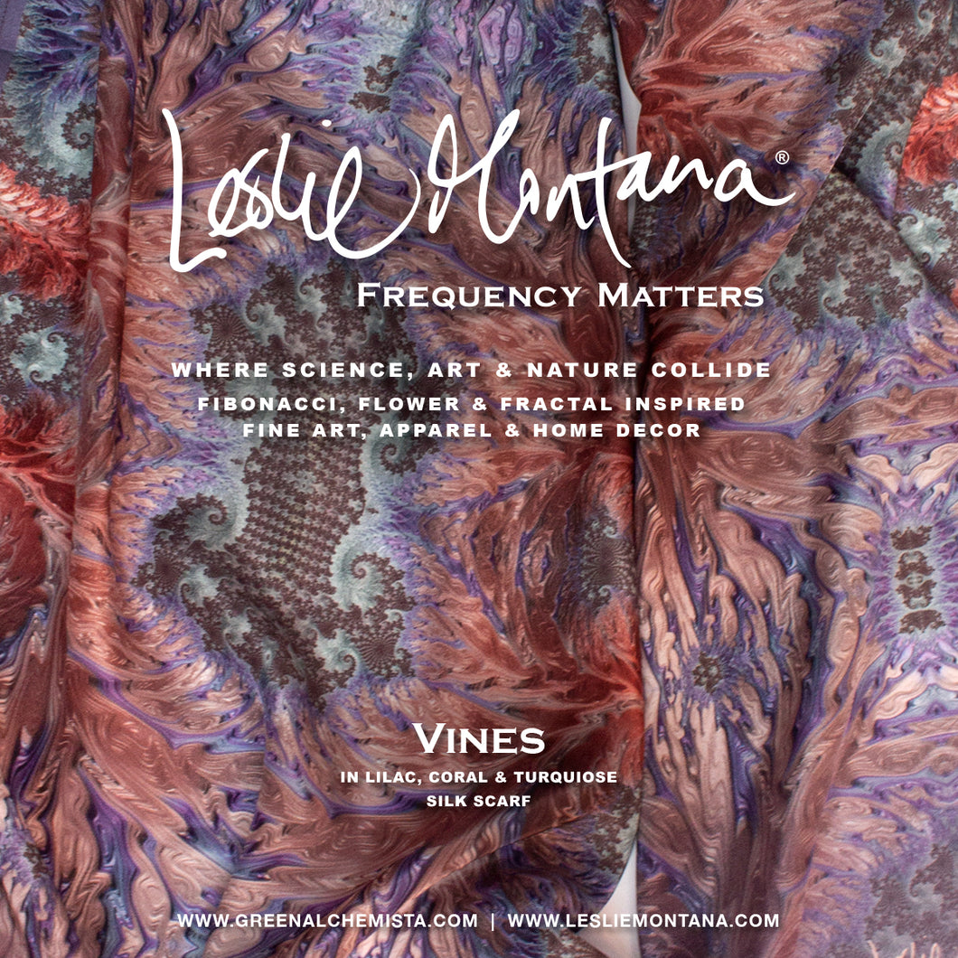 VINES in Lavender, Deep Coral Pink & Blue Silk Scarf | Realizing Loving Connections - Leslie Montana