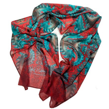 Load image into Gallery viewer, Thunderbird, Chiffon Scarf in Turquoise &amp; Red | Integrity of Speech, Truth - Leslie Montana
